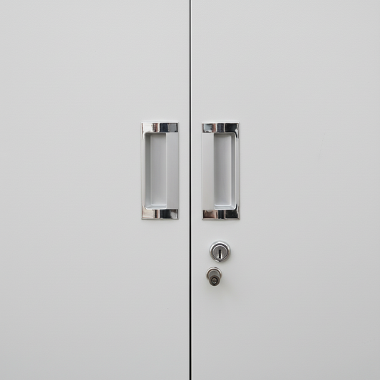 Tall metal storage cabinet with double doors - detail view