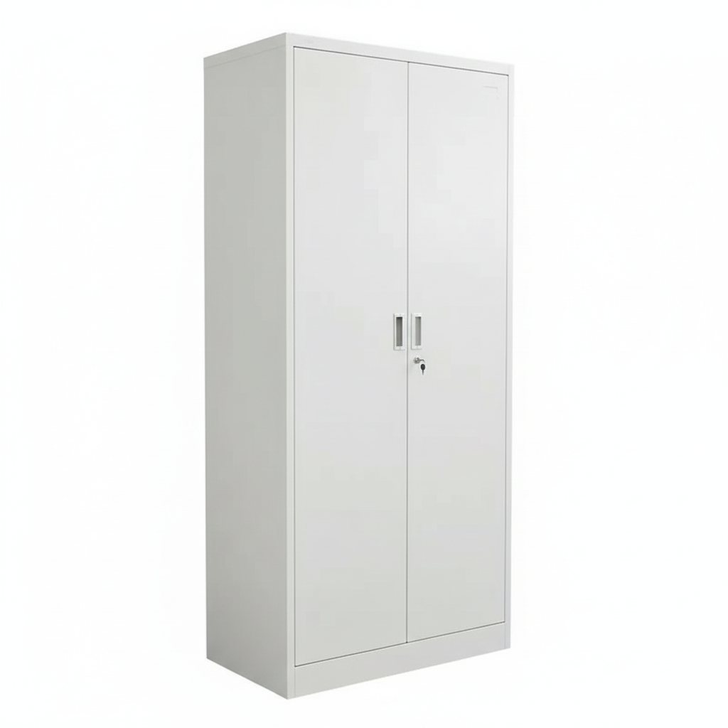Tall metal storage cabinet with double doors - three-quarter view