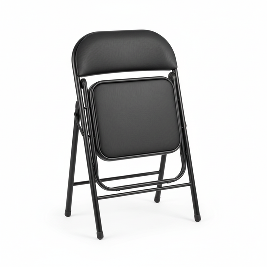 Black metal folding chair - folded compact view