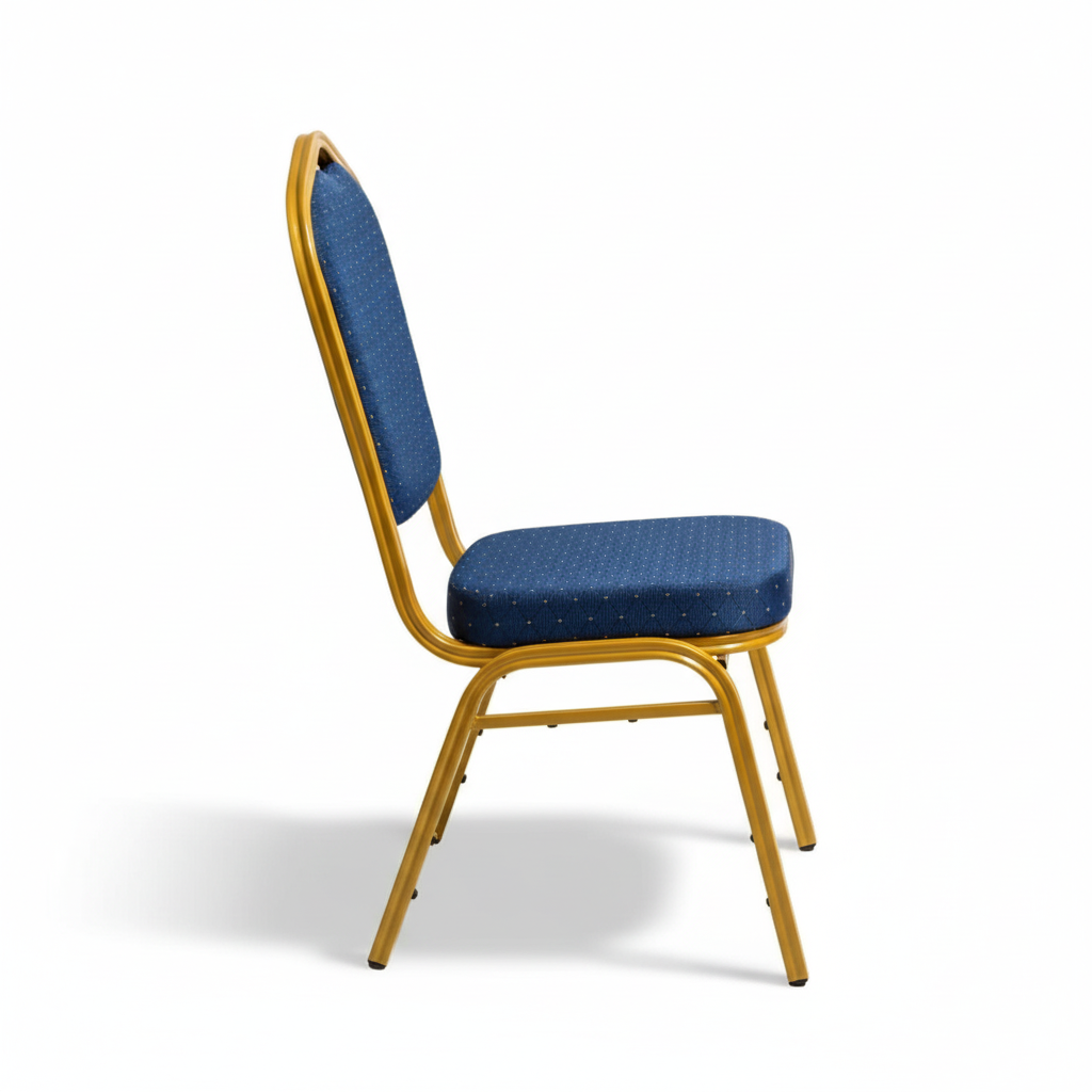 Banquet chair with blue upholstery and gold frame - side view
