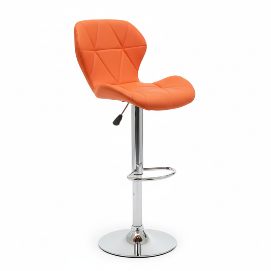 Modern orange bar stool with chrome base - three-quarter view