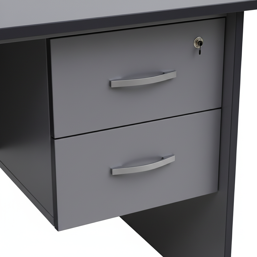 Compact grey office desk with side drawers - detail view