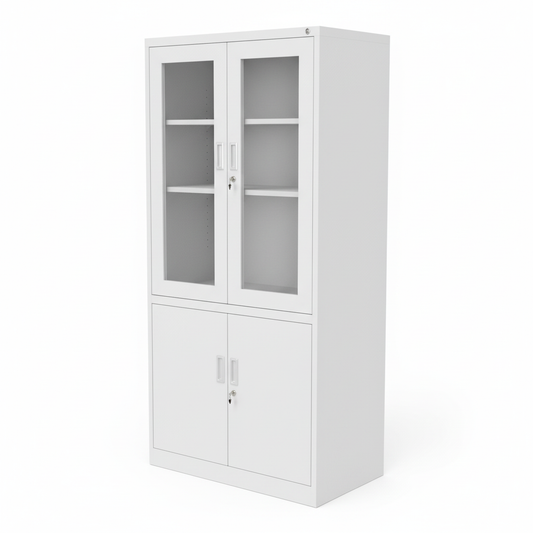 Metal filing cabinet with glass doors - three-quarter view