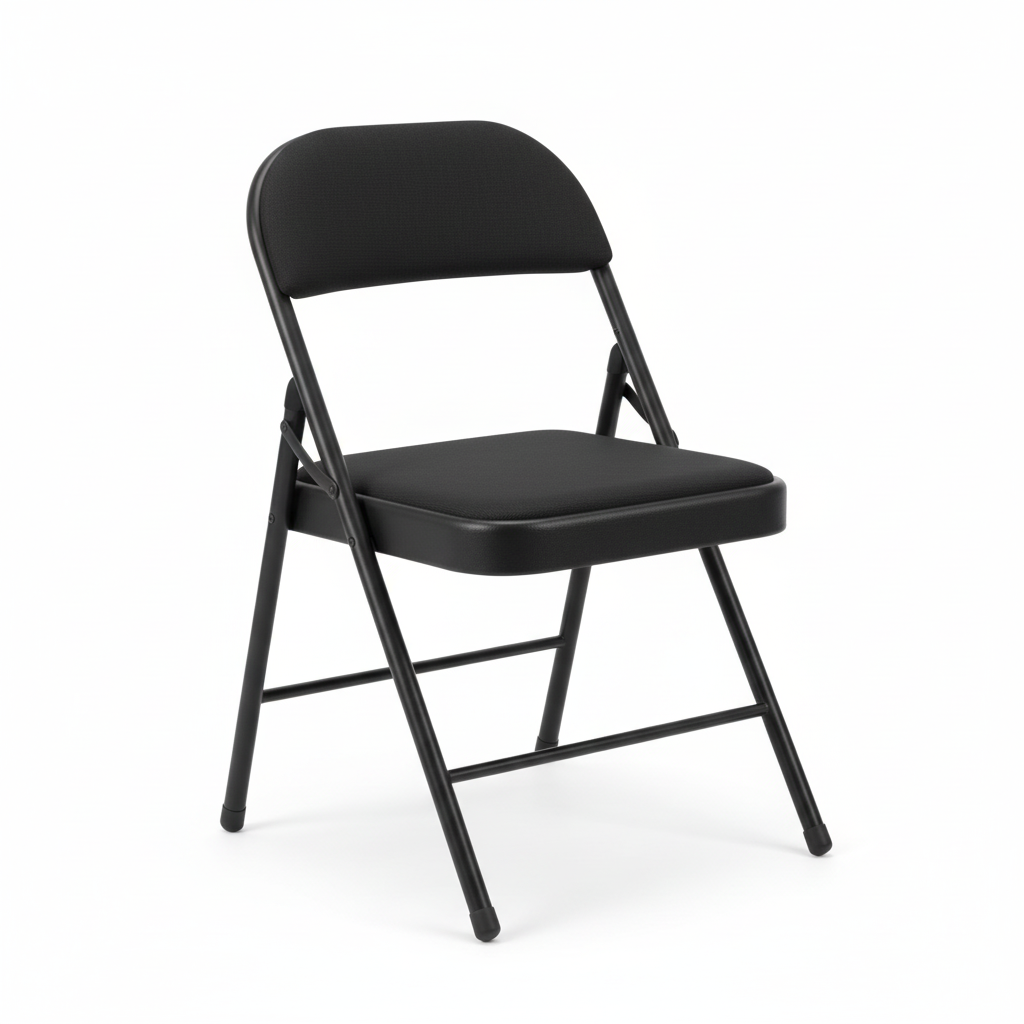 Black metal folding chair - three-quarter view