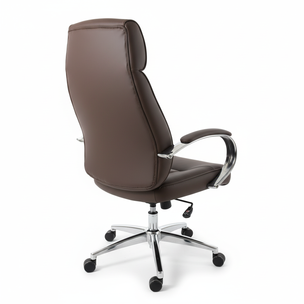 Brown leather executive office chair with headrest - back angle view