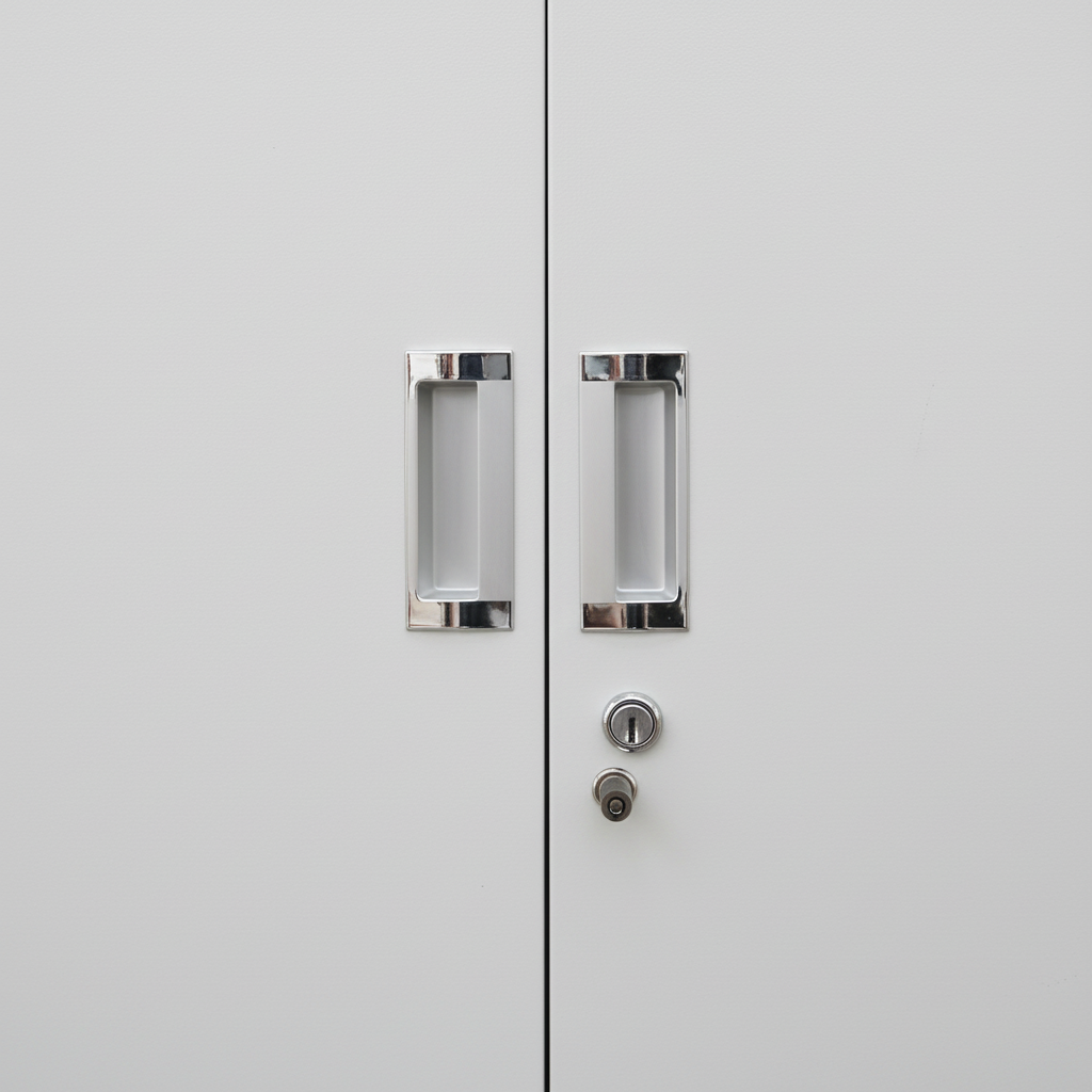 Tall metal storage cabinet with double doors - detail view