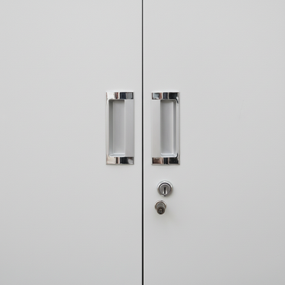 Tall metal storage cabinet with double doors - detail view