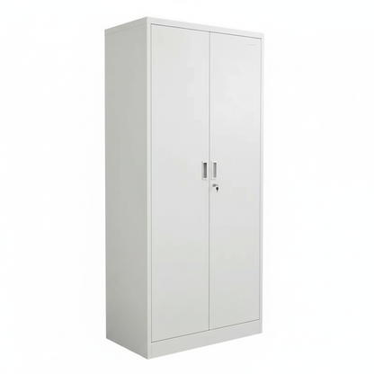 Tall metal storage cabinet with double doors - three-quarter view