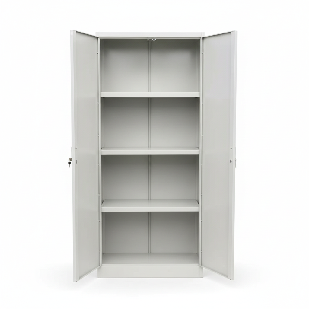 Tall metal storage cabinet with double doors - open doors interior view