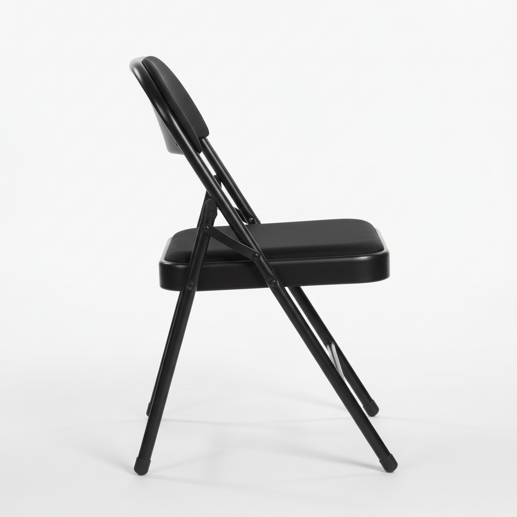 Black metal folding chair - side view