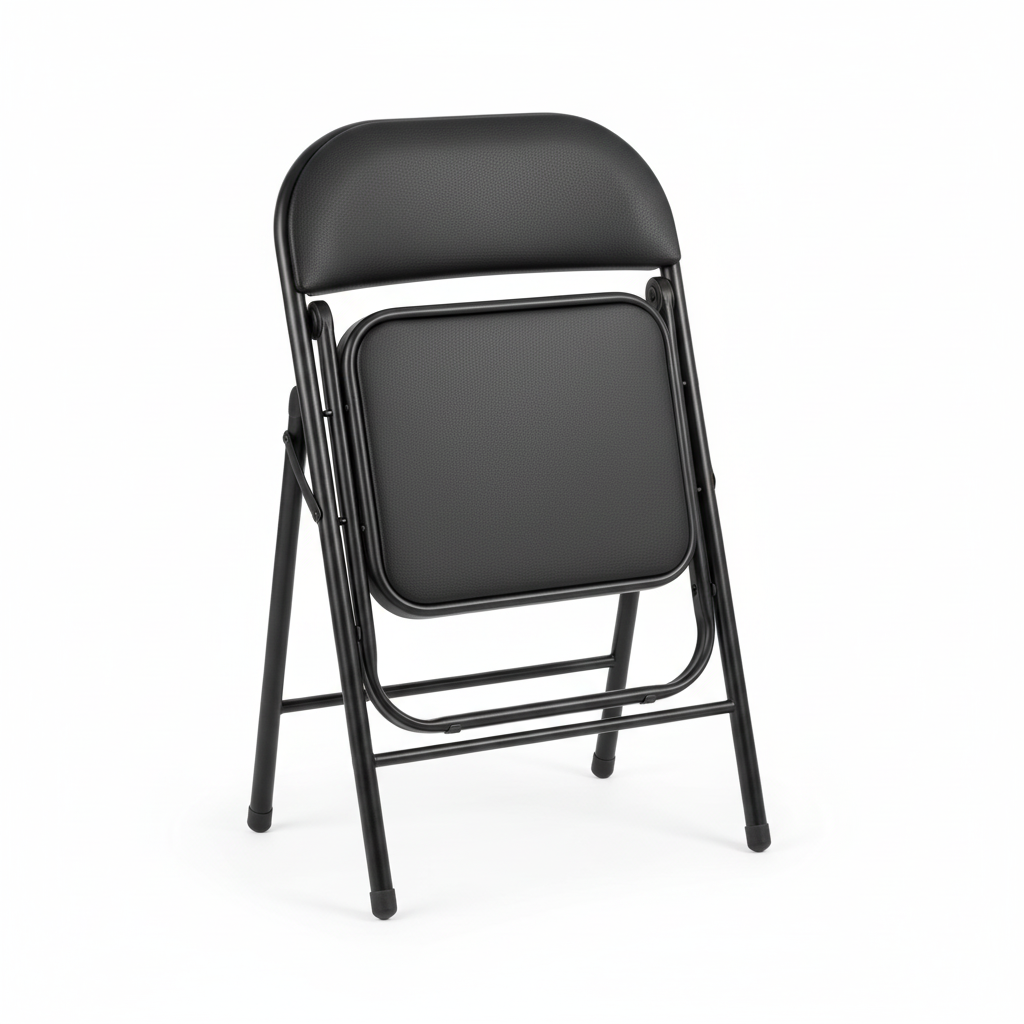 Black metal folding chair - folded compact view