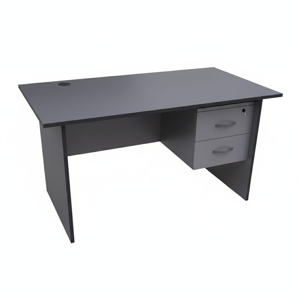 Compact grey office desk with side drawers - three-quarter view