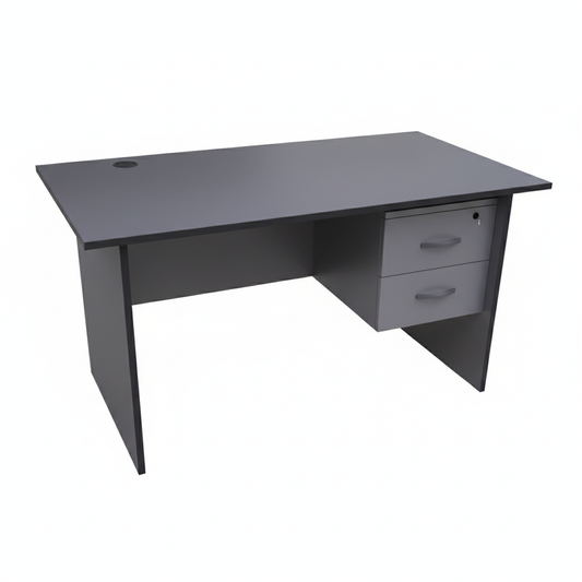 Compact grey office desk with side drawers - three-quarter view