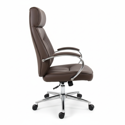 Brown leather executive office chair with headrest - side view