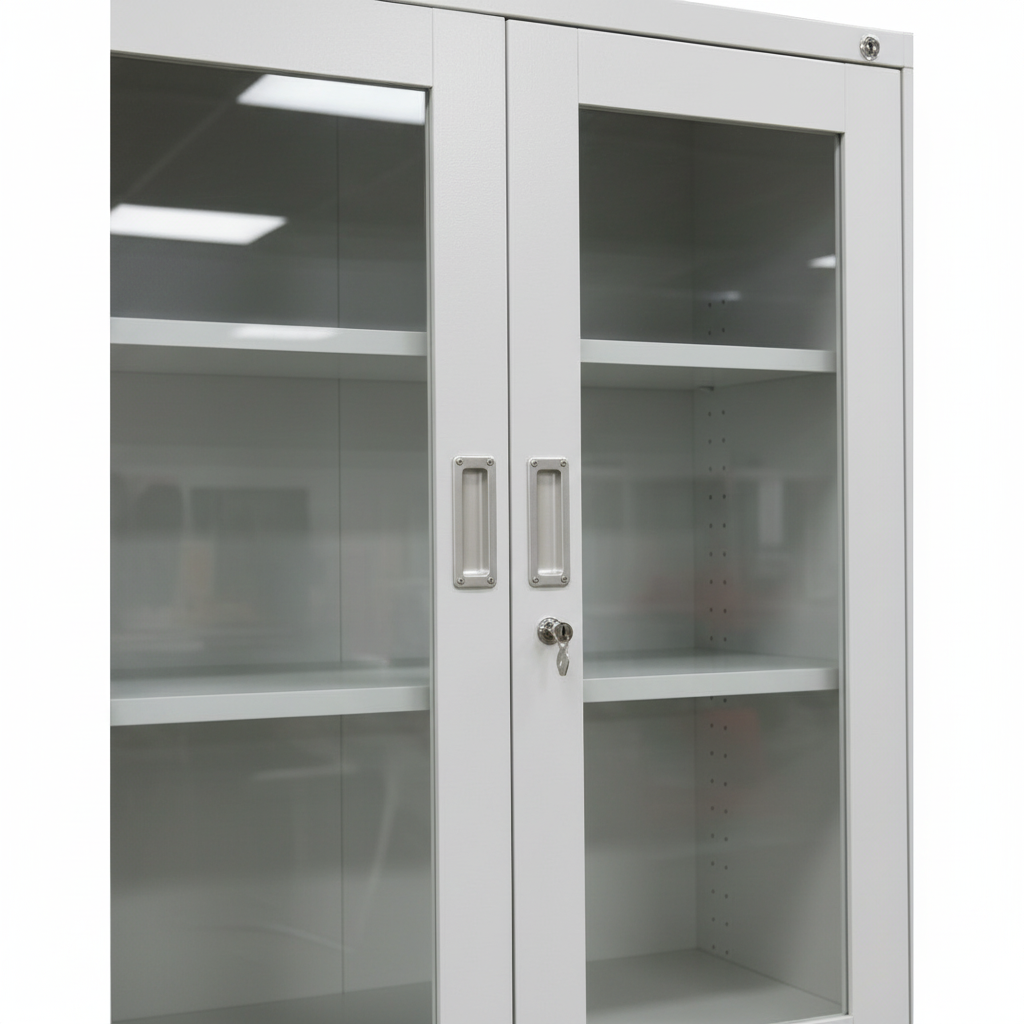 Metal filing cabinet with glass doors - detail view