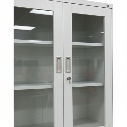 Metal filing cabinet with glass doors - detail view