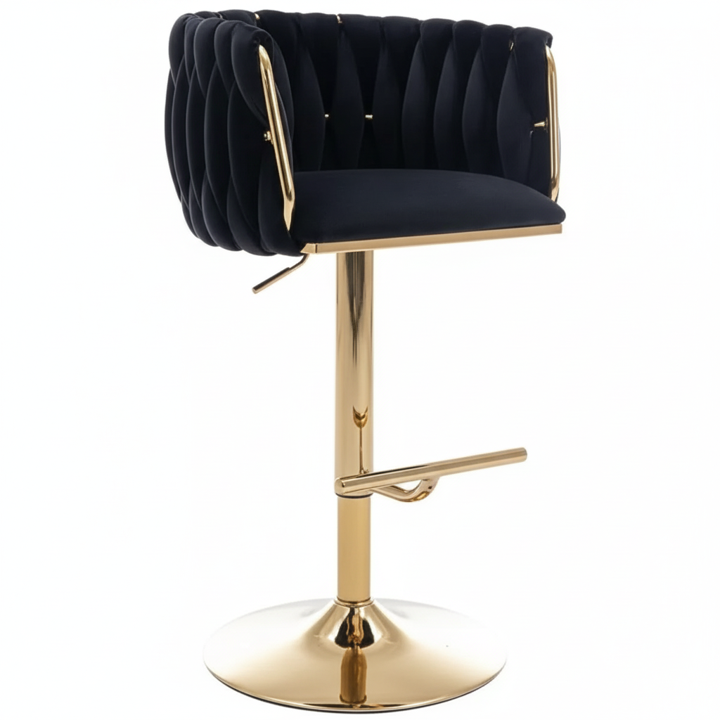 Luxury black velvet bar stool with gold base - three-quarter view