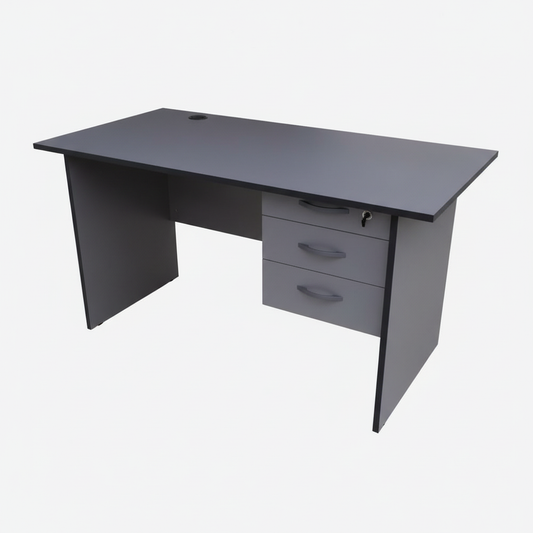Compact grey office desk with side drawers - side view