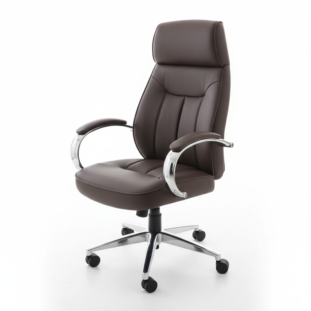 Brown leather executive office chair with headrest - front three-quarter view