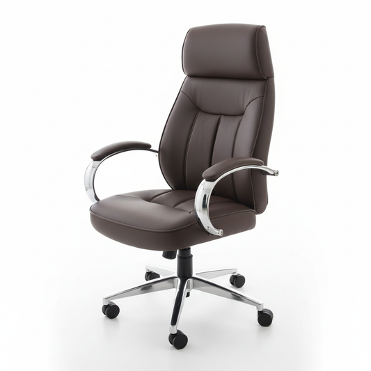 Brown leather executive office chair with headrest - front three-quarter view