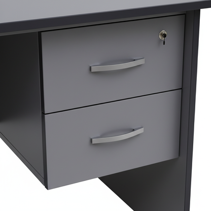 Compact grey office desk with side drawers - detail view