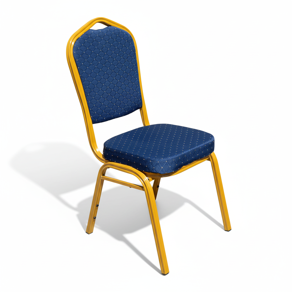 Banquet chair with blue upholstery and gold frame - three-quarter view