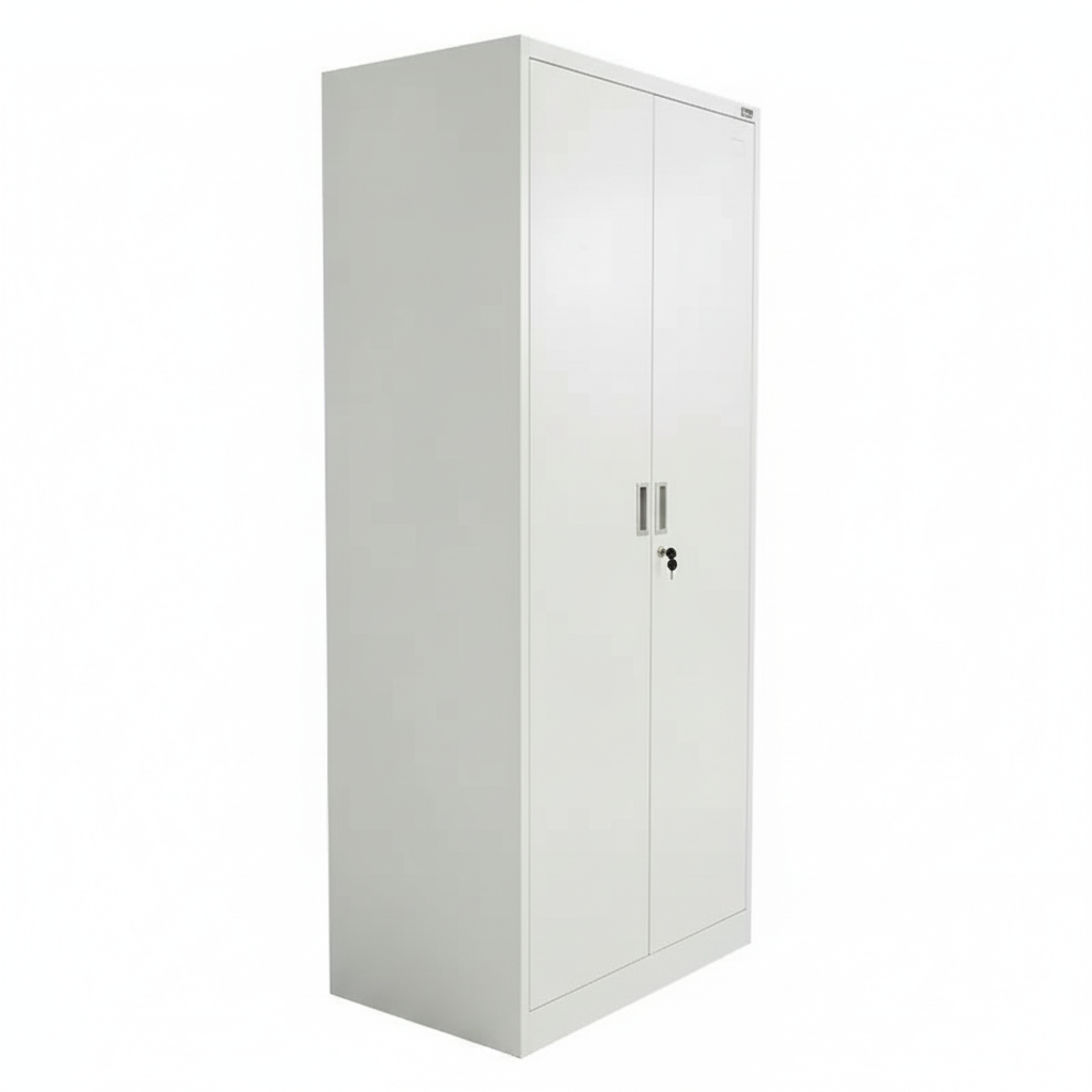 Tall metal storage cabinet with double doors - side view