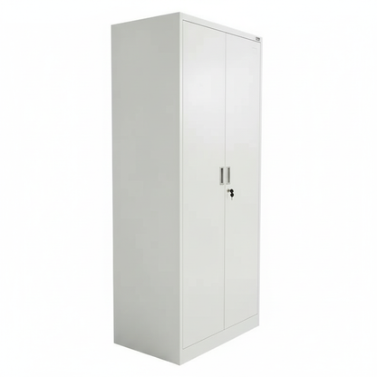Tall metal storage cabinet with double doors - side view