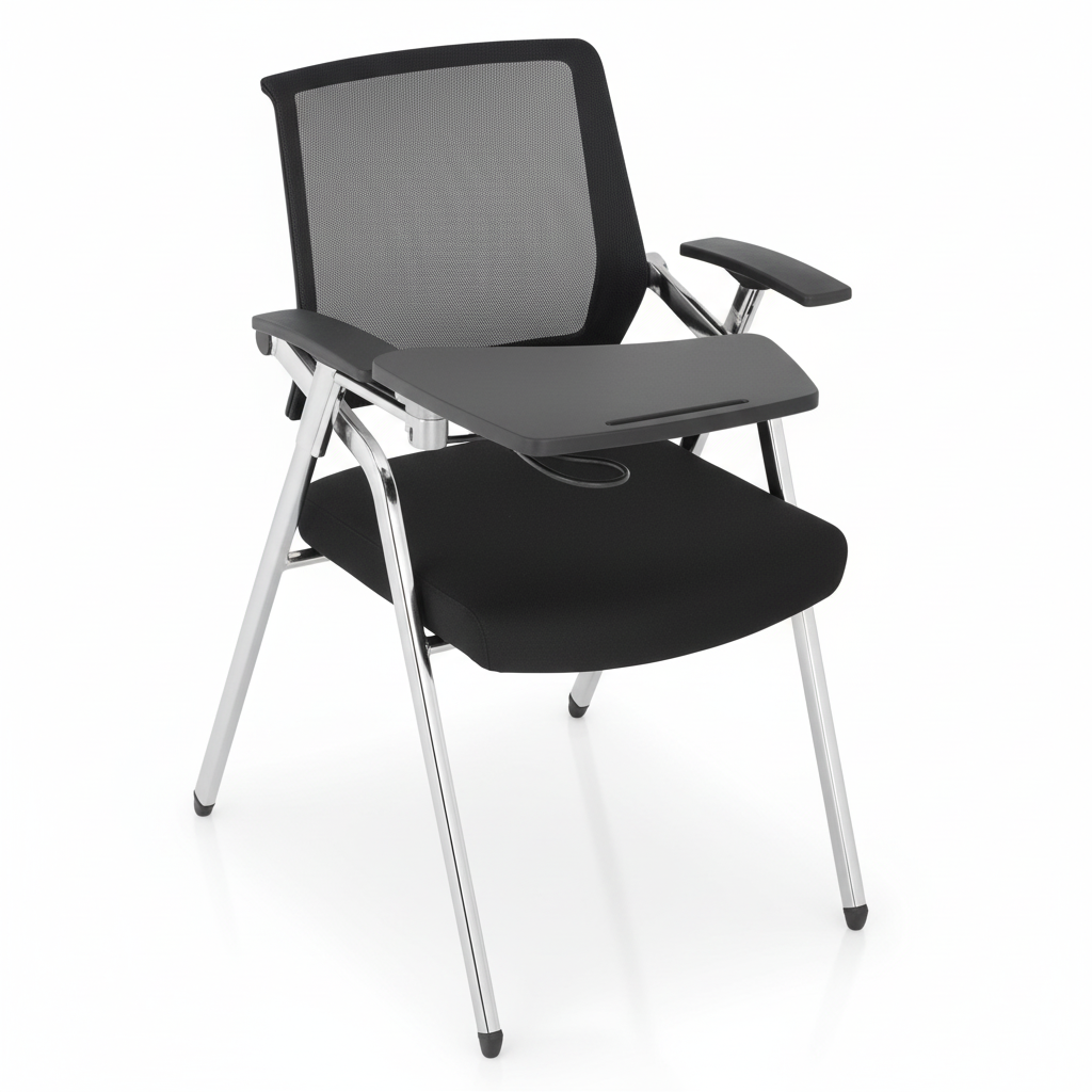 Mesh training chair with tablet arm - three-quarter view