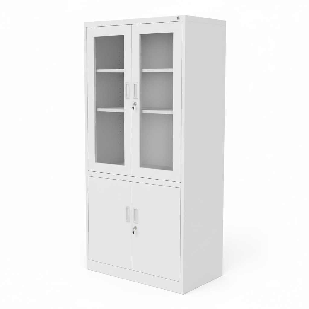 Metal filing cabinet with glass doors - three-quarter view