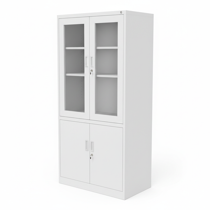 Metal filing cabinet with glass doors - three-quarter view