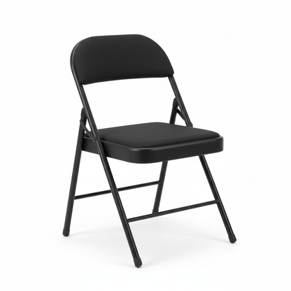 Black metal folding chair - three-quarter view